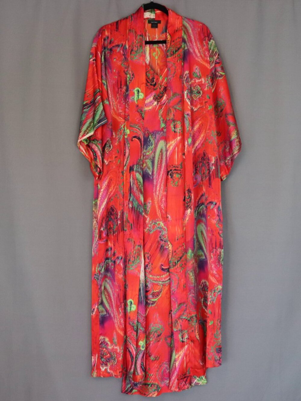 Natori Small 2 Piece Floral Robe & Night Gown Charmeuse Chemise Set Red Green